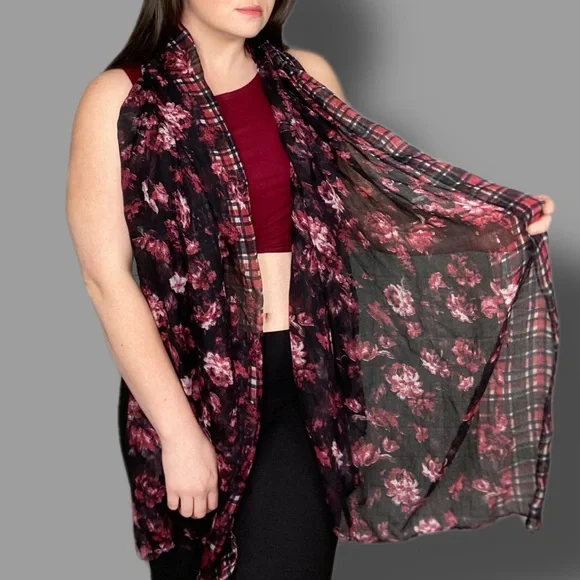 Oversize Floral Black and Red Scarf Wrap Extra Long - Picture 1 of 10
